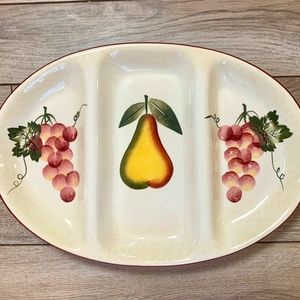 PIER ONE (1) Oval Hand Painted Ceramic Serving Dish Divided Relish Pear & Grapes